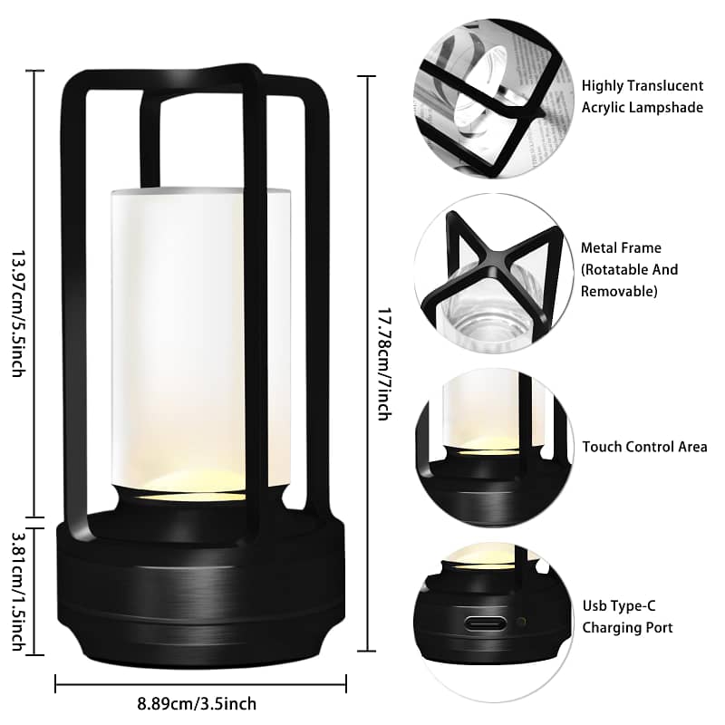 💡 Retro Tischlampe Metall | USB-C Akku | Touch Dimmer | Für Bar/Schlafzimmer | Outdoor Dekor – Bild 3