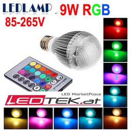 9W E27-LED-RGB Birne mit Fernbedienung